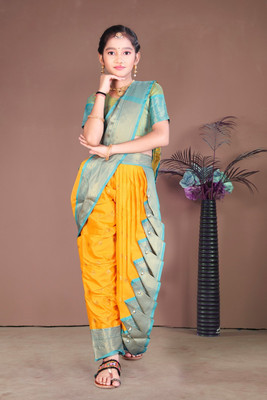 Ashmika Printed Saree with Attached Blouse Cotton Silk Saree(Yellow, Green)