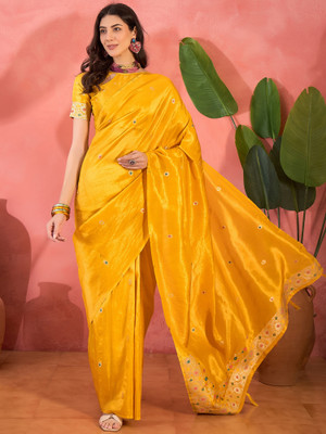 ShopGlobal Woven Banarasi Silk Blend Saree(Yellow)
