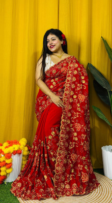 Dona Sharee Embroidered Bollywood Silk Blend Saree(Red)