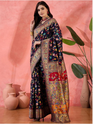 Wovenza Self Design, Woven Bollywood Cotton Blend, Semi-Pashmina Saree(Black)