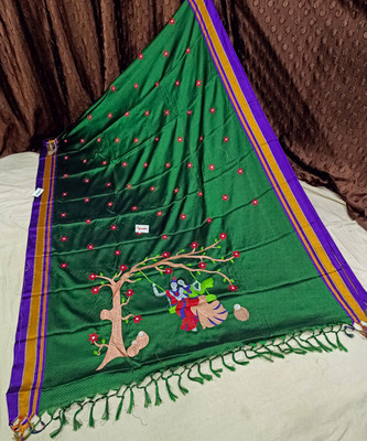 Spewim Woven Handloom Cotton Blend Saree(Green)