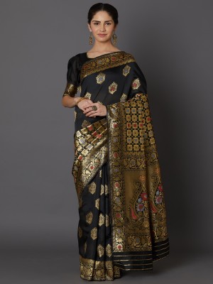 BOVTY Printed Banarasi Jacquard, Cotton Silk Saree(Black)