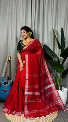Mondal saree center Striped Jamdani Cotton Silk Saree(Red)