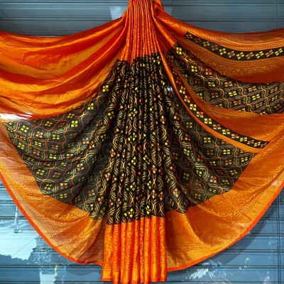 Hensi sarees shop Printed Daily Wear Brasso, Art Silk Saree(Black, Orange)