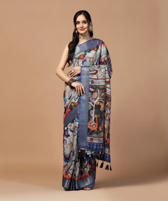 KAHIRAA WHOLETEX Printed Kalamkari Tussar Silk Saree(Grey)