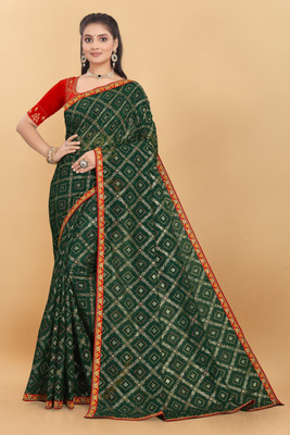 Flute Fashion Self Design Bandhani Georgette Saree(Green)