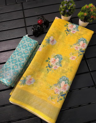 Marabout Printed Bollywood Cotton Linen Saree(Yellow)
