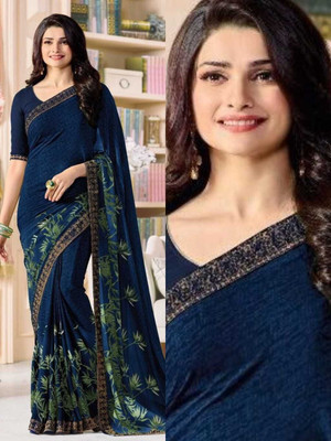 MEETVIN COUTURE Printed, Self Design, Digital Print, Embroidered, Floral Print, Solid/Plain Bollywood Georgette, Chiffon Saree(Blue)