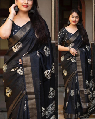 HIYAMI Printed Hand Batik Cotton Silk Saree(Black)