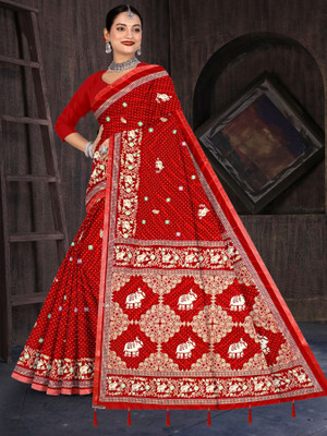 Veerji Sarees Geometric Print, Blocked Printed, Printed Handloom Pure Cotton Saree(Red, Gold)
