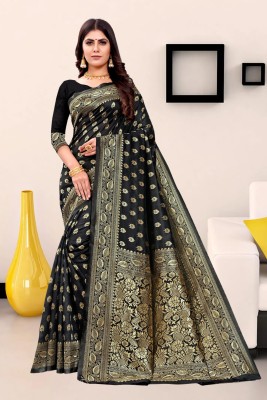 SPOTXY Woven Kanjivaram Silk Blend Saree(Black)