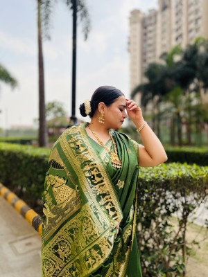 MAMERAA FAB Woven, Self Design, Embellished Baluchari Art Silk, Jacquard Saree(Light Green, Gold)