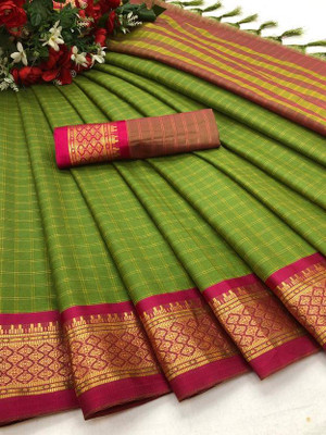 JbWorld Checkered, Woven Gadwal Cotton Silk, Pure Silk Saree(Green, Pink)