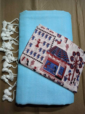 SMRITI BOUTIQUE Solid/Plain, Printed Kalamkari Handloom Pure Cotton Saree(Light Blue)