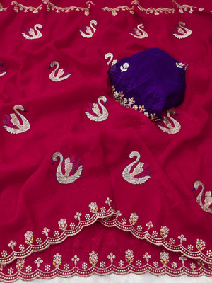 ShopGlobal Embroidered Chinnalapattu Chiffon, Silk Blend Saree(Pink)
