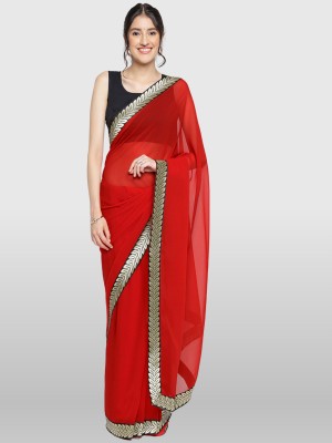 The Textile Hub Solid/Plain Bollywood Georgette Saree(Red)