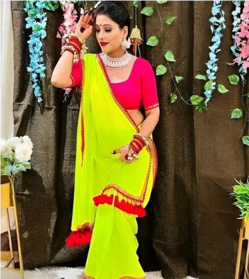 Dharmik Fashion Studio Solid/Plain Bollywood Georgette Saree(Yellow)