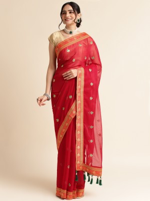 Divastri Embroidered, Embellished Bollywood Chiffon, Organza Saree(Red)