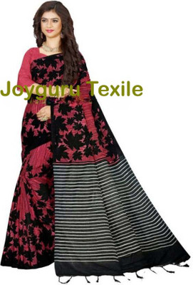 Joyguru Textile Printed Handloom Cotton Blend Saree(Maroon)