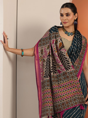 LIBAS Printed Daily Wear Cotton Blend Saree(Blue, Multicolor)