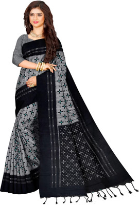 Bhadra Shopping Store Printed Ikkat Viscose Rayon, Cotton Blend Saree(Grey)