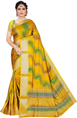 INDONIQ Printed Mysore Tussar Silk Saree(Yellow)