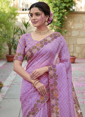 Pionex Embroidered Bandhani Cotton Silk Saree(Purple)