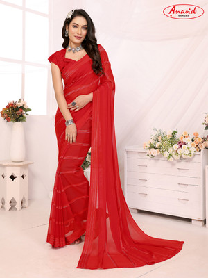 Anand Sarees Striped Bollywood Satin Saree(Red)