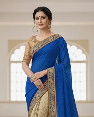Anugrah Textile Embroidered Banarasi Lycra Blend, Chiffon Saree(Cream, Blue)