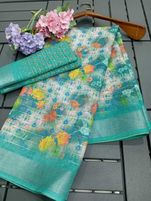MAANVIT Digital Print Bollywood Linen, Cotton Linen Saree(Light Blue)