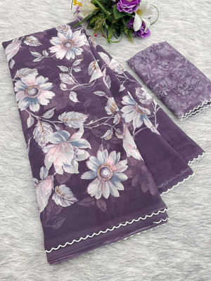 niesha fashion Floral Print Daily Wear Georgette Saree(Purple)