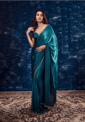 YASHIKA Embellished Bollywood Satin Saree(Blue)