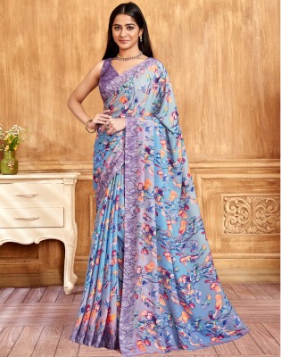 Satrani Floral Print, Printed, Self Design Bollywood Silk Blend, Crepe Saree(Purple, Light Blue)