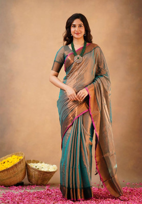 RIDDHIMAN FASHION Self Design Handloom Tissue Saree(Light Blue)