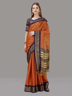 Hensi sarees shop Color Block, Striped Pochampally Cotton Silk, Art Silk Saree(Orange)