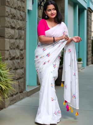 SMRITI HANDLOOM Embroidered Handloom Handloom Pure Cotton Saree(White)