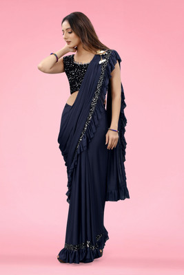 Shrithi Fashion Fab Solid/Plain Bollywood Lycra Blend Saree(Dark Blue)