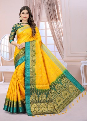 DILSAY Woven Kanjivaram Cotton Silk Saree(Green, Light Blue, Gold)