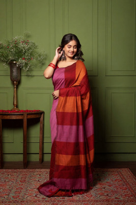 ARDHANGINI DESIGNS Striped Handloom Pure Cotton Saree(Multicolor)