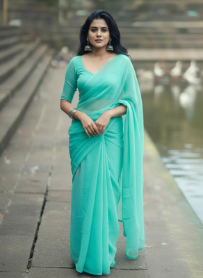 Moda Rapido Solid/Plain, Dyed Bollywood Georgette Saree(Light Blue)