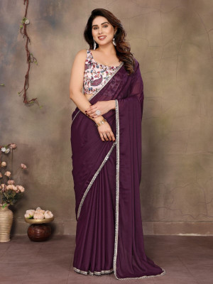 odette Solid/Plain Saree with Attached Blouse Georgette Saree(Purple)