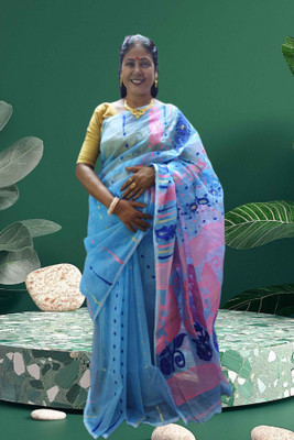 Krivaan Fashion Store Floral Print Jamdani Pure Cotton Saree(Multicolor, Light Blue)