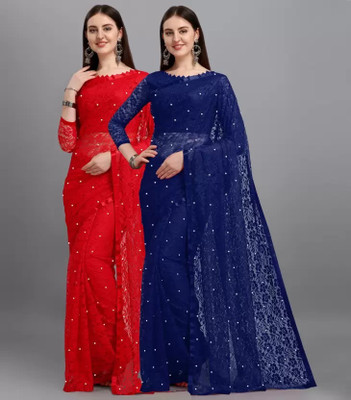 Amavii Self Design Bollywood Net Saree(Red, Dark Blue)