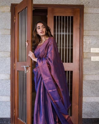 SHREE GHANSHYAM FASHION Woven, Self Design, Embellished, Solid/Plain, Striped Kanjivaram Cotton Silk Saree(Purple)