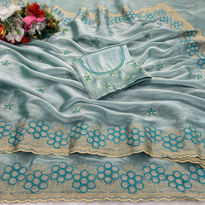 KHRITI FAB Embroidered Bollywood Jimmy choo Saree(Light Blue)