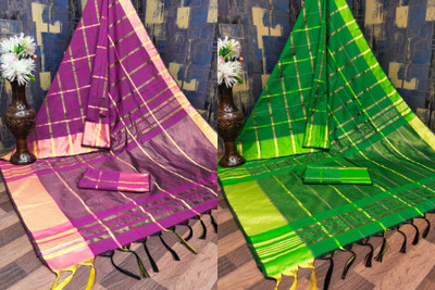 KHODIYAR TRENDZ Checkered, Woven Daily Wear Cotton Silk Saree(Pack of 2, Magenta, Green)