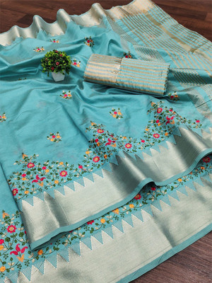 Divastri Embroidered Chanderi Jacquard, Cotton Silk Saree(Light Blue)