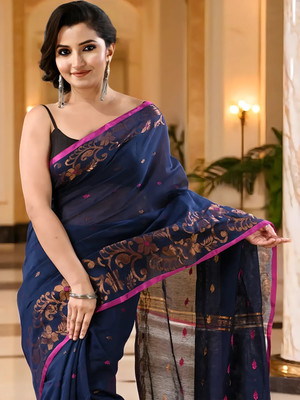 TANTLOOM Self Design Bollywood Cotton Silk Saree(Dark Blue)