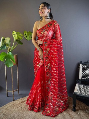 ANOUK Embellished Banarasi Net Saree(Red)