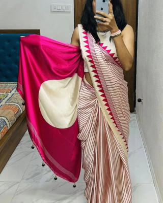Aquiliq Printed Bollywood Satin Saree(Cream, Pink)